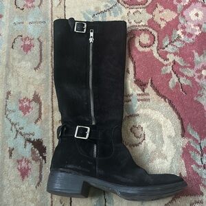 Black suede just below knee zipper boots